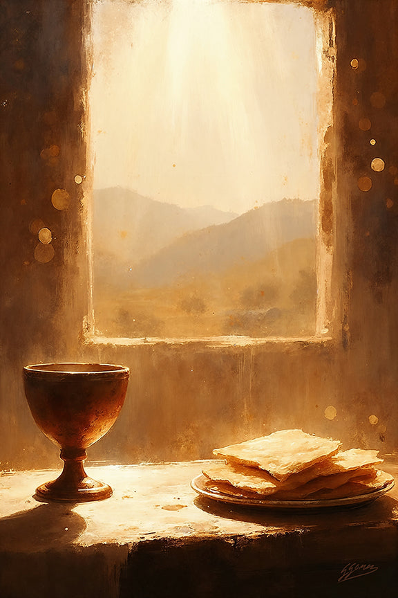 The Eucharist Christian wall art depicting chalice and bread representing body and blood of Christ in ancient sacred setting