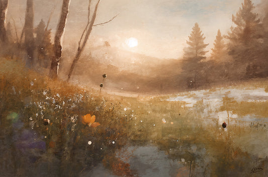 Painting of a serene landscape with a lake, trees, and a setting sun.