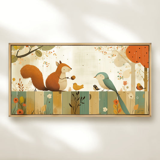 Squirrel and Birds on a Fence